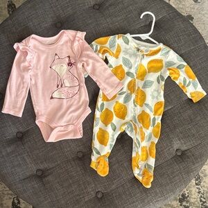 Bundle: 3mo. Pink Fox + Citrus Print Baby One Pieces
